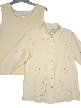 Susan Graver Linen Button Up Shirt Tank Top Embroidered Yellow Short Sleeve Sz S